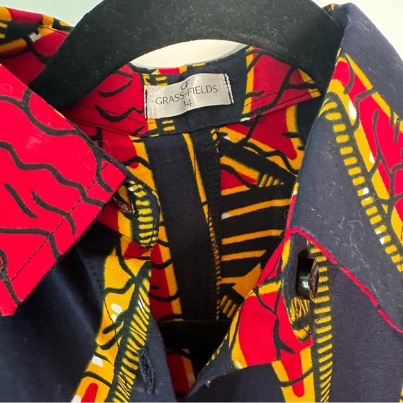 Grass-Field Button Down Dress Red Navy Bird Palm size UK14, US 10 - Picture 8 of 12